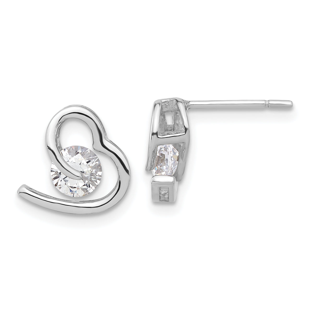 Sterling Silver Rhodium-plated Heart and CZ Post Earrings