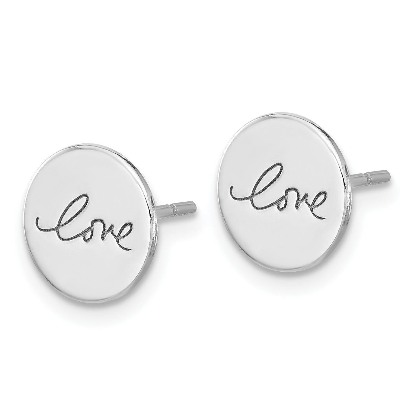 Sterling Silver Rhodium-plated Cursive LOVE On Disc Post Earrings