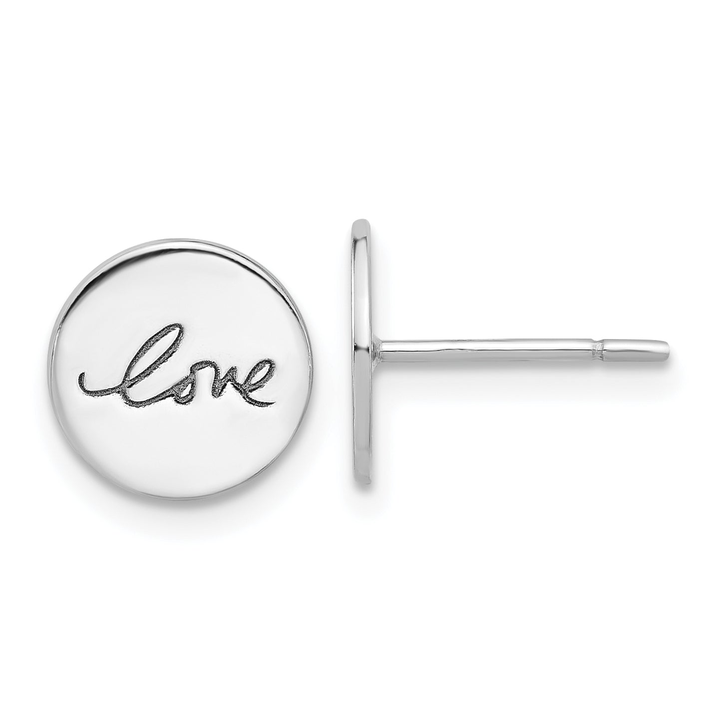 Sterling Silver Rhodium-plated Cursive LOVE On Disc Post Earrings