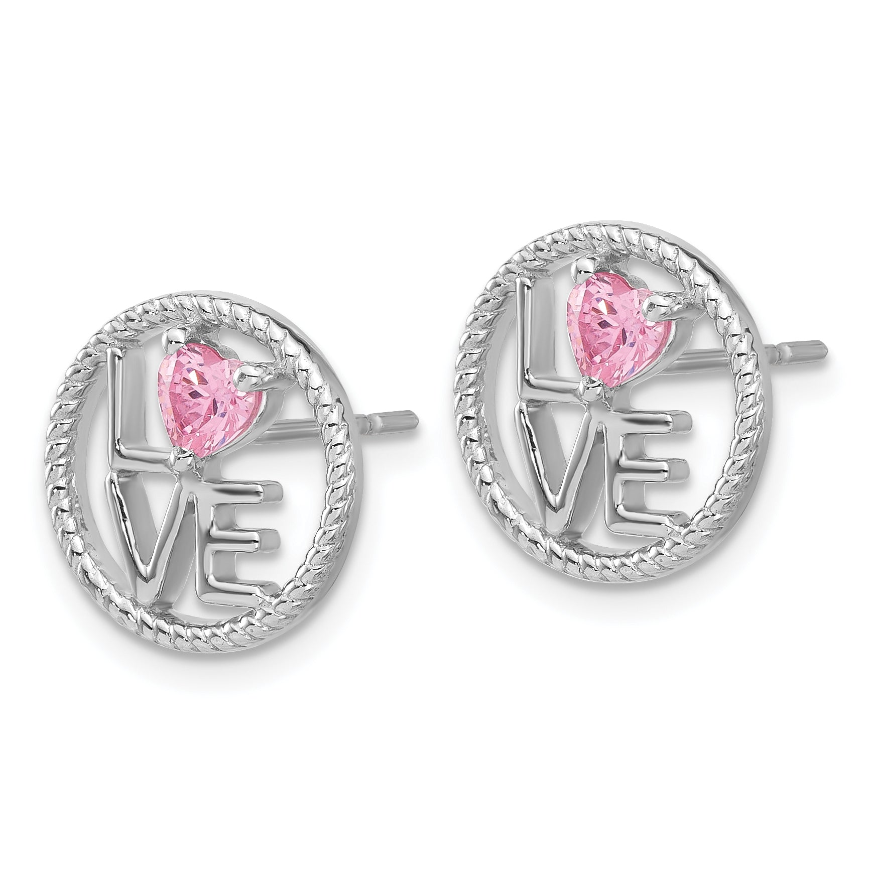 Sterling Silver Rhodium-plated LOVE Pink CZ Post Earrings