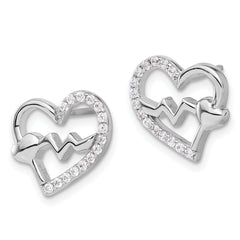 Sterling Silver Rhodium-plated Polished CZ Heartbeat Heart Post Earrings