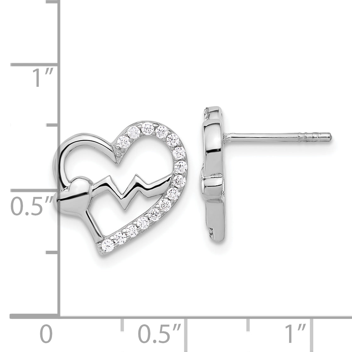 Sterling Silver Rhodium-plated Polished CZ Heartbeat Heart Post Earrings