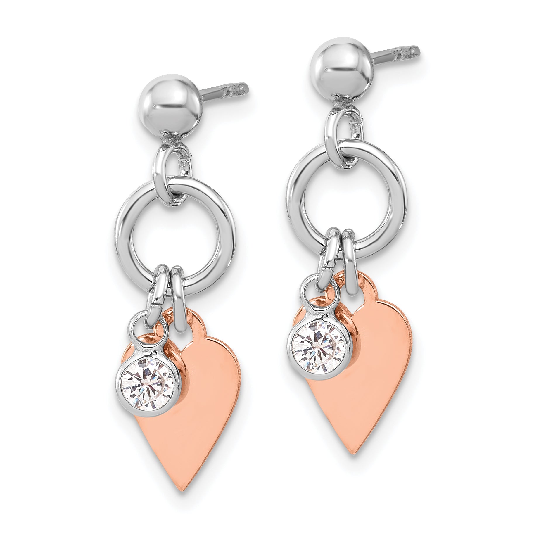 Sterling Silver Rose Gold-plated Polished /heart and CZ Post Earrings