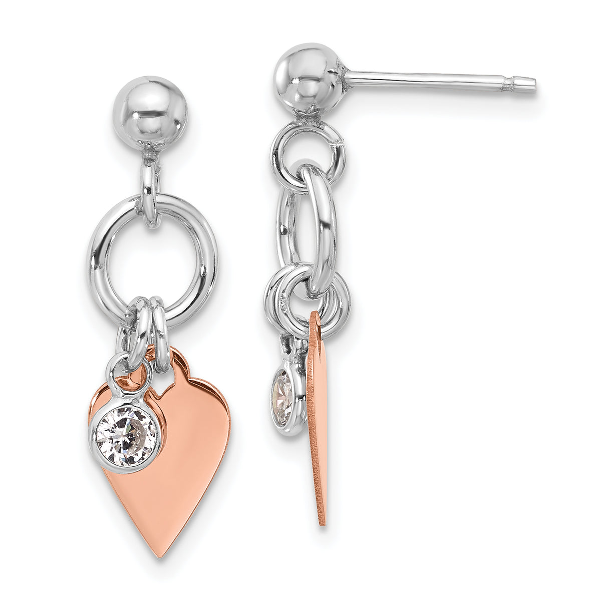 Sterling Silver Rose Gold-plated Polished /heart and CZ Post Earrings