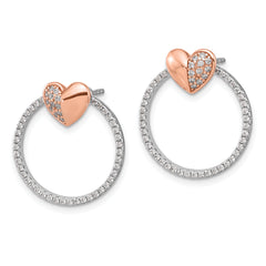 SS Rhodium-plated Rose-tone CZ Heart and Open Circle Post Earrings