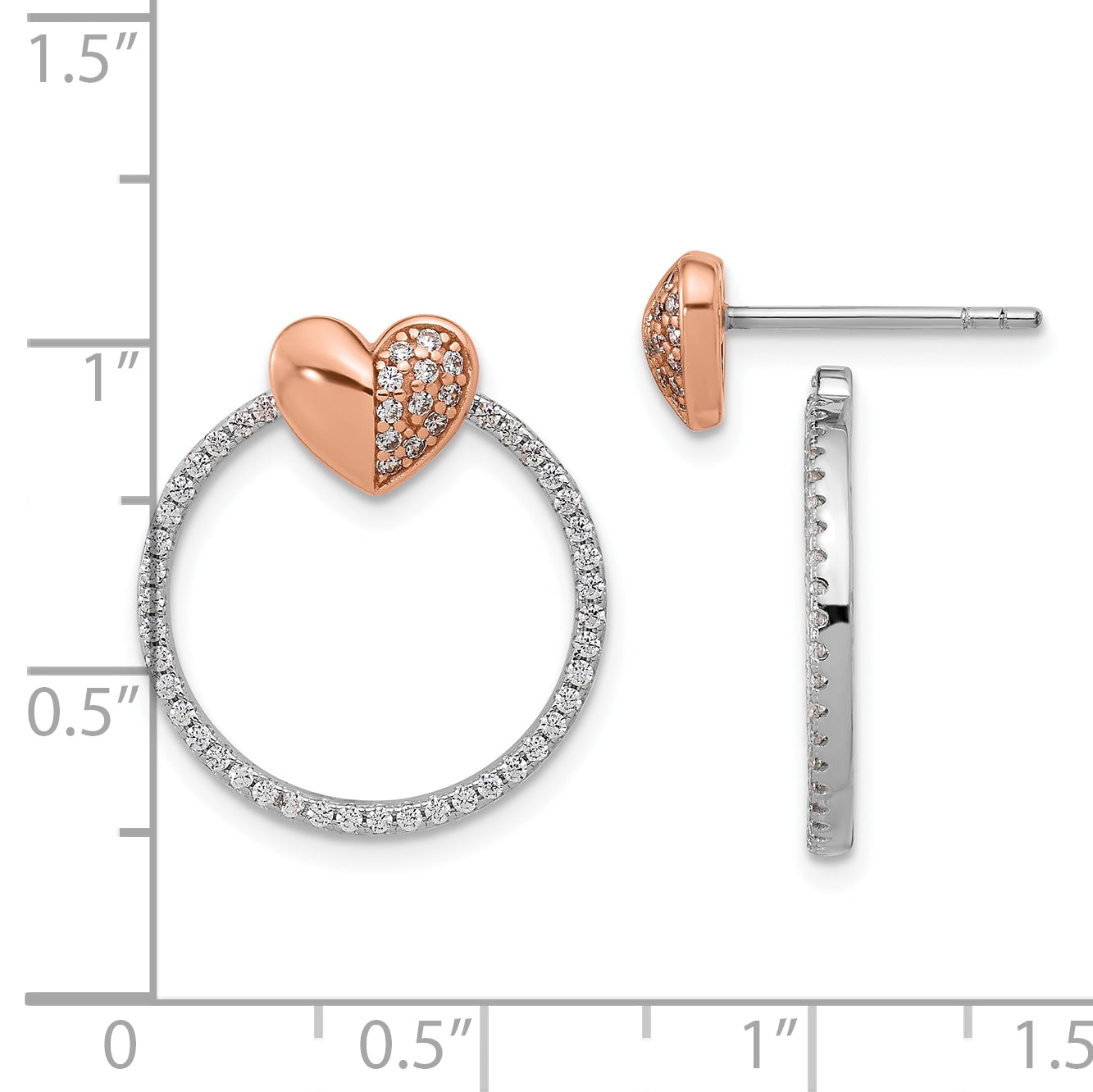 SS Rhodium-plated Rose-tone CZ Heart and Open Circle Post Earrings