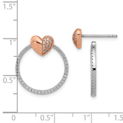 SS Rhodium-plated Rose-tone CZ Heart and Open Circle Post Earrings