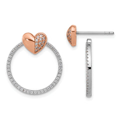 SS Rhodium-plated Rose-tone CZ Heart and Open Circle Post Earrings