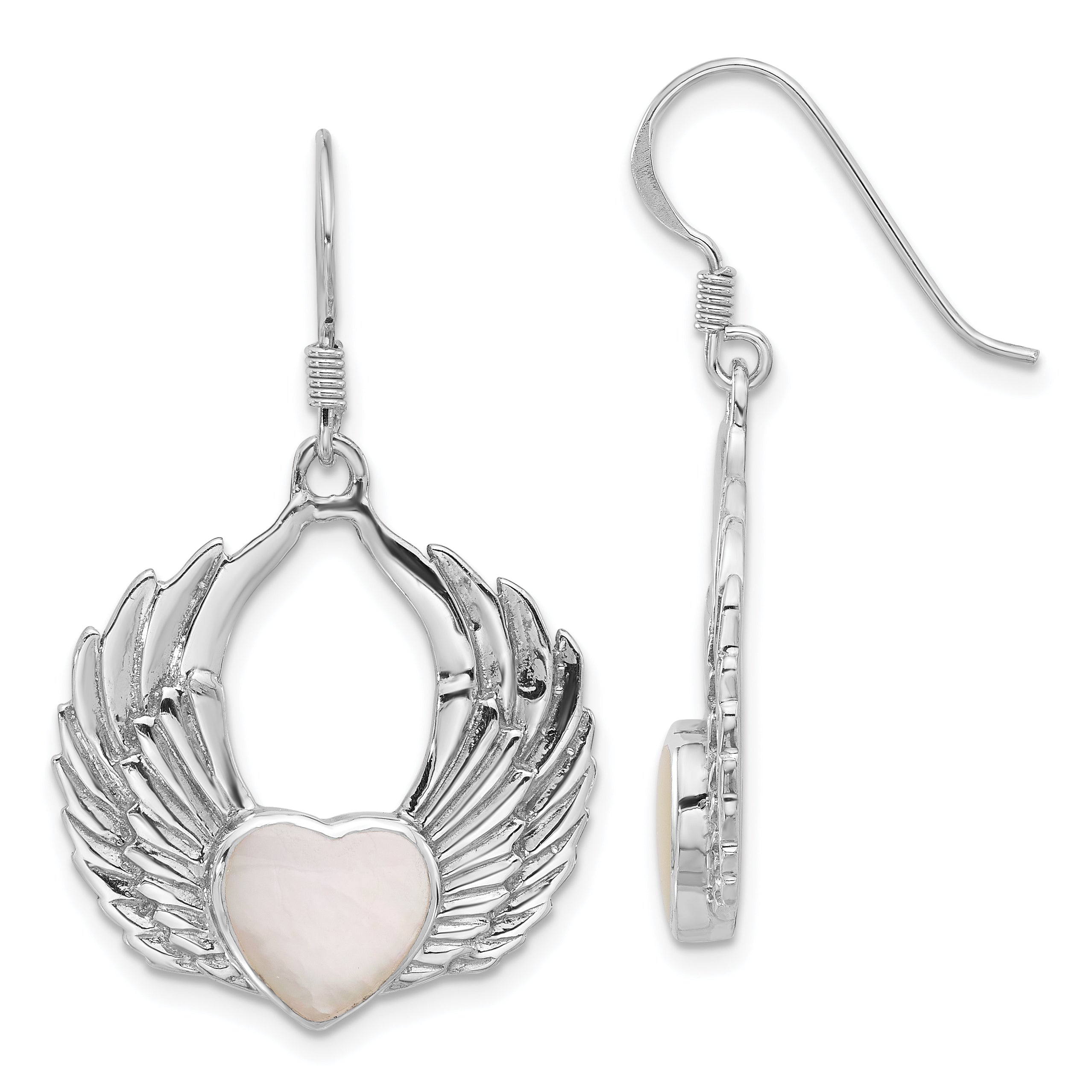 Sterling Silver Rhod-Plated Polished Mother of Pearl Winged Heart Earrings