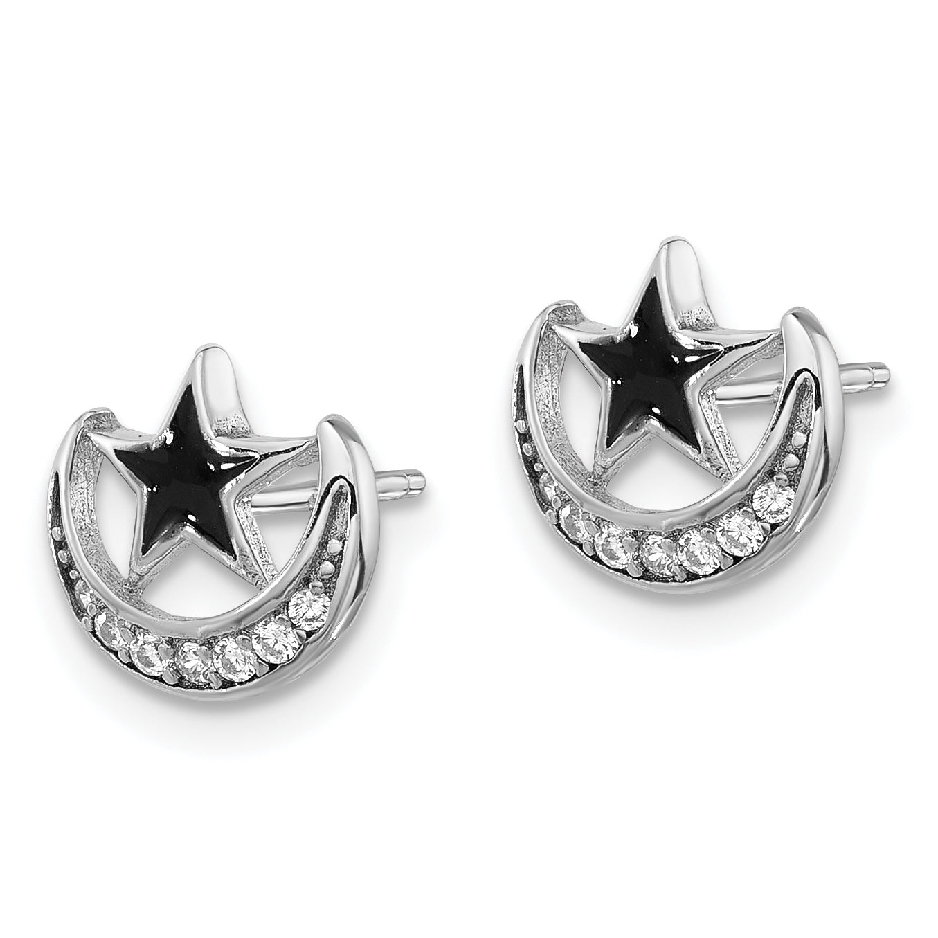 Sterling Silver Rhodium-plated Enamel CZ Star and Moon Post Earrings