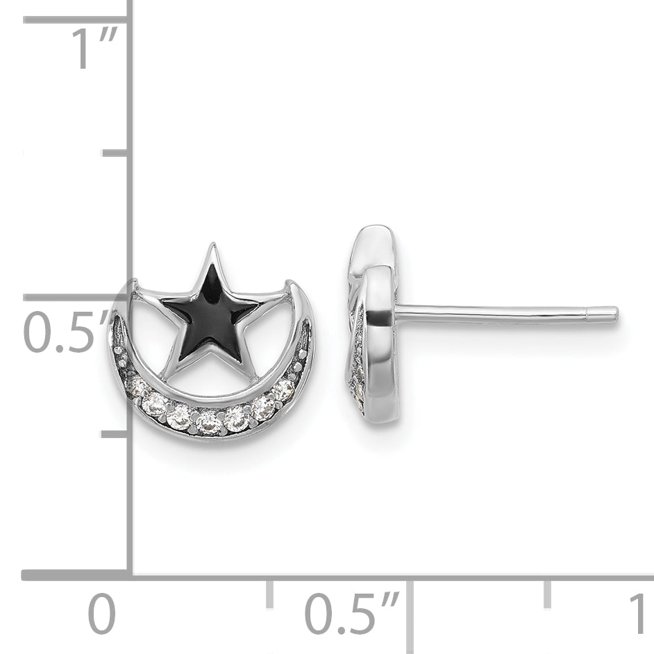 Sterling Silver Rhodium-plated Enamel CZ Star and Moon Post Earrings