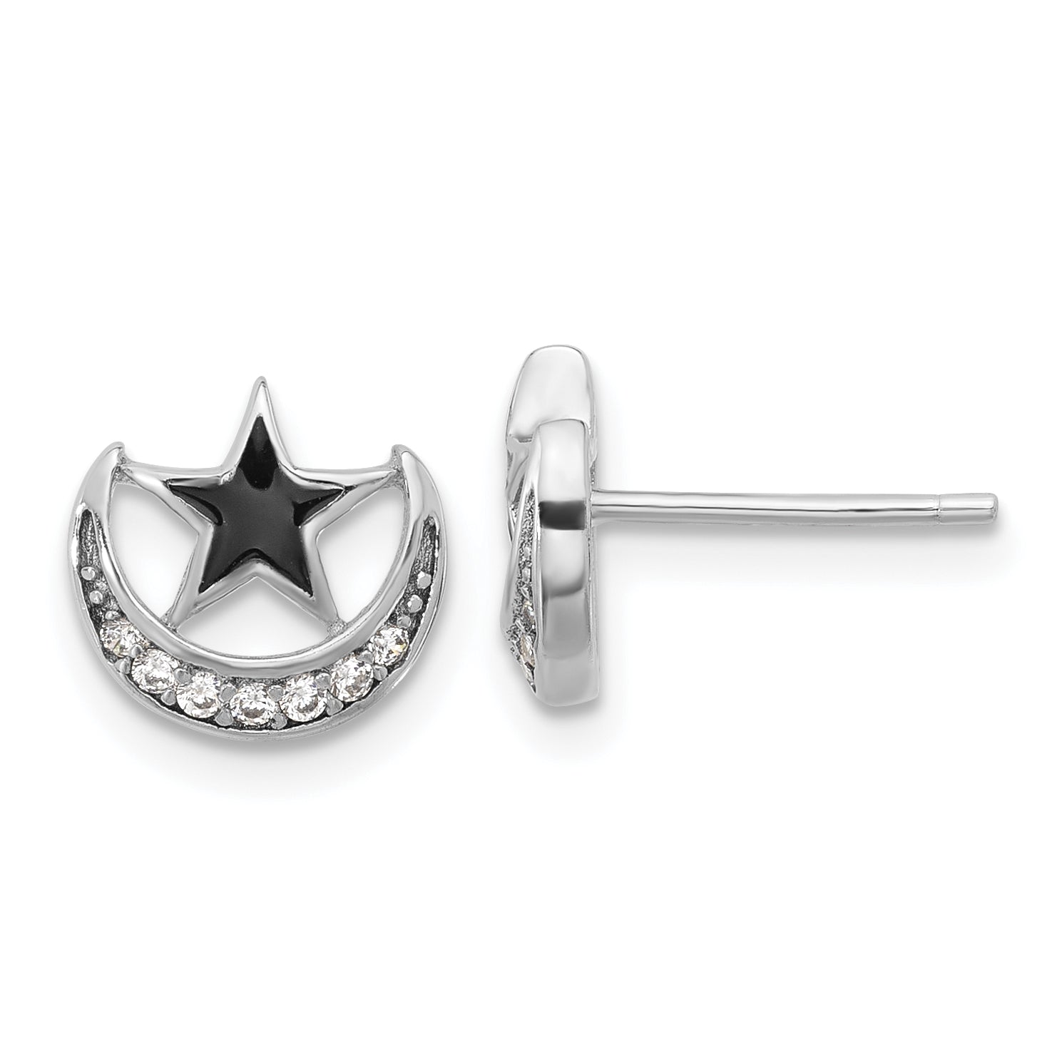 Sterling Silver Rhodium-plated Enamel CZ Star and Moon Post Earrings