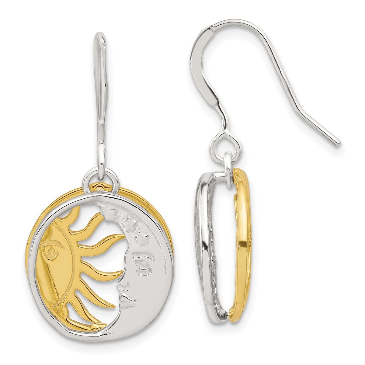 Sterling Silver Gold Tone Sun and Moon Dangle Earrings