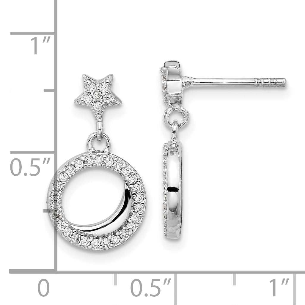 Sterling Silver Rhodium-plated Polished CZ Star Moon Dangle Post Earrings