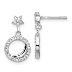 Sterling Silver Rhodium-plated Polished CZ Star Moon Dangle Post Earrings