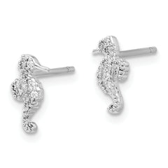 Sterling Silver Rhodium-plated Polished CZ Seahorse Post Earrings