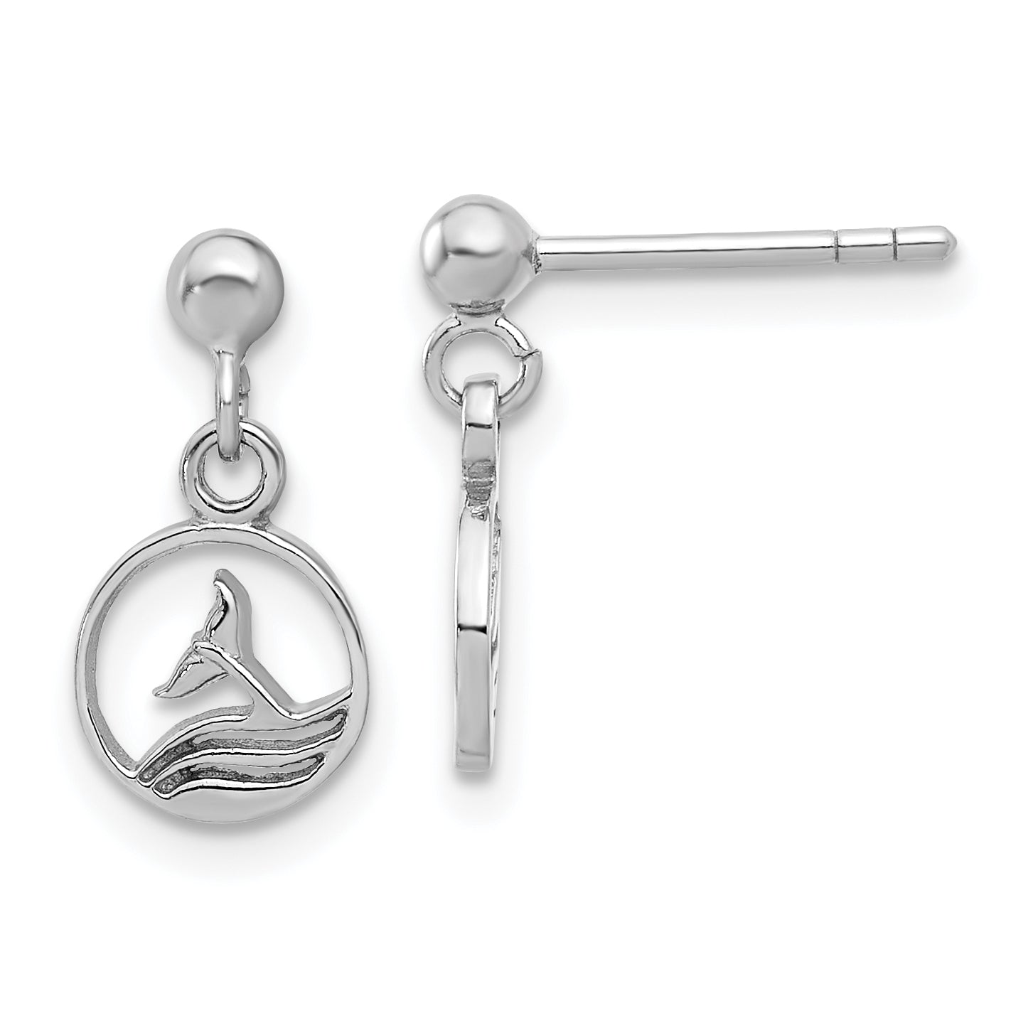 Sterling Silver Rhodium-plated Whale/Dolphin Tail Post Dangle Drop Earrings