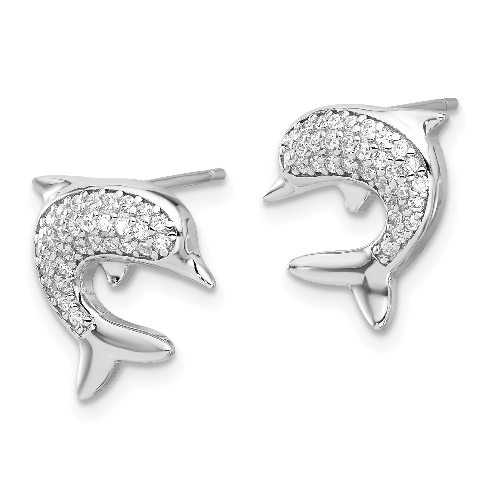 Sterling Silver Rhodium-plated CZ Dolphin Post Earrings