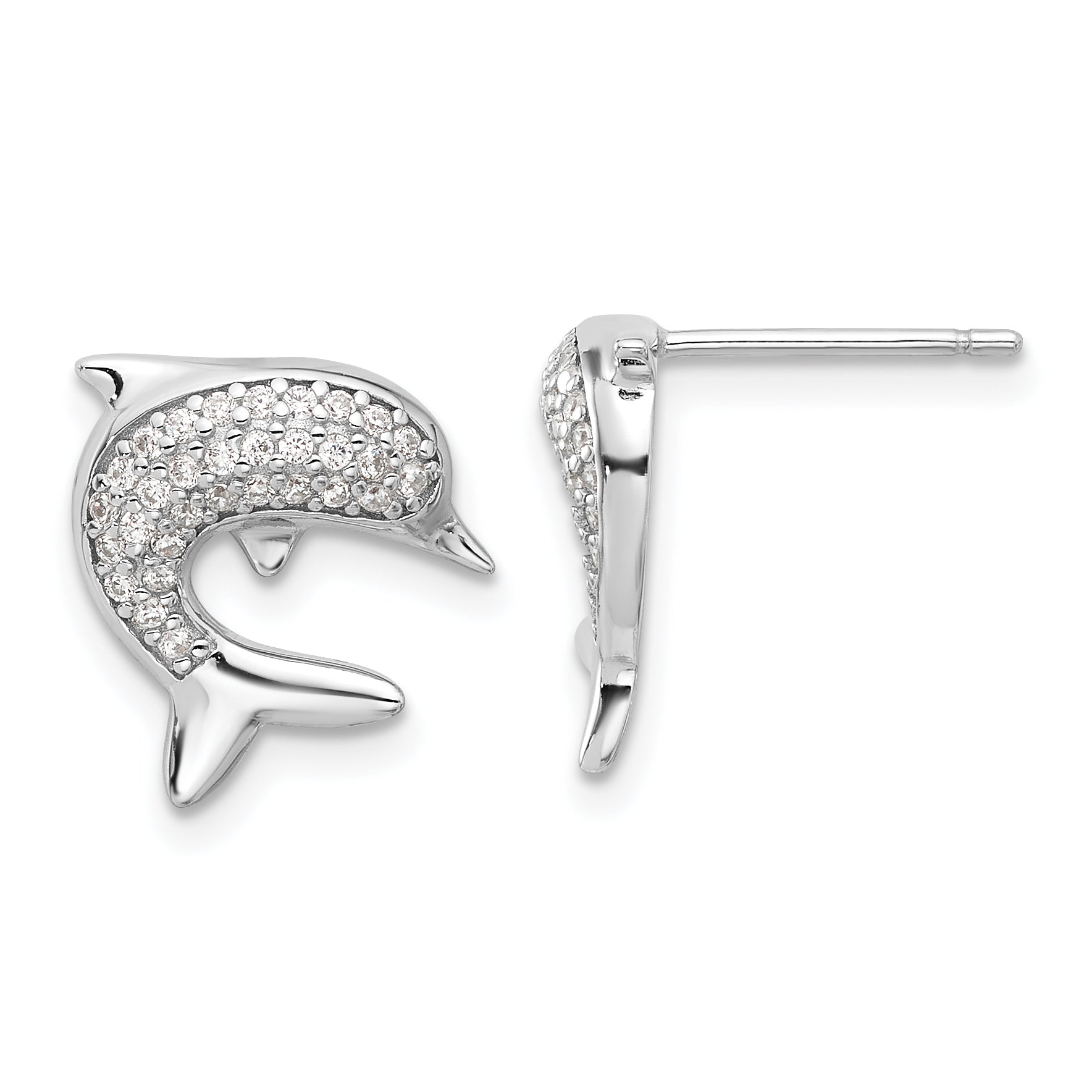 Sterling Silver Rhodium-plated CZ Dolphin Post Earrings