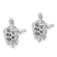 Sterling Silver Rhodium-plated Polished Multi-color CZ Turtle Post Earrings