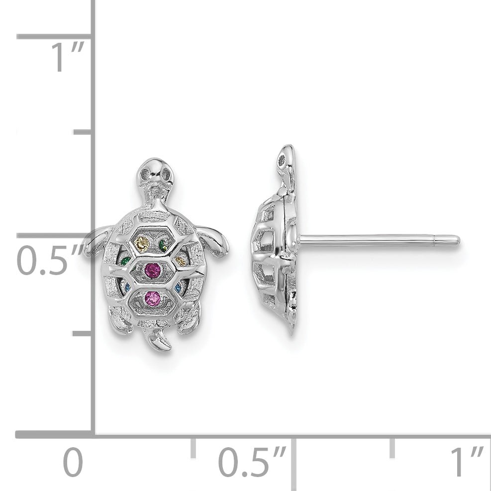 Sterling Silver Rhodium-plated Polished Multi-color CZ Turtle Post Earrings