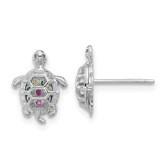 Sterling Silver Rhodium-plated Polished Multi-color CZ Turtle Post Earrings