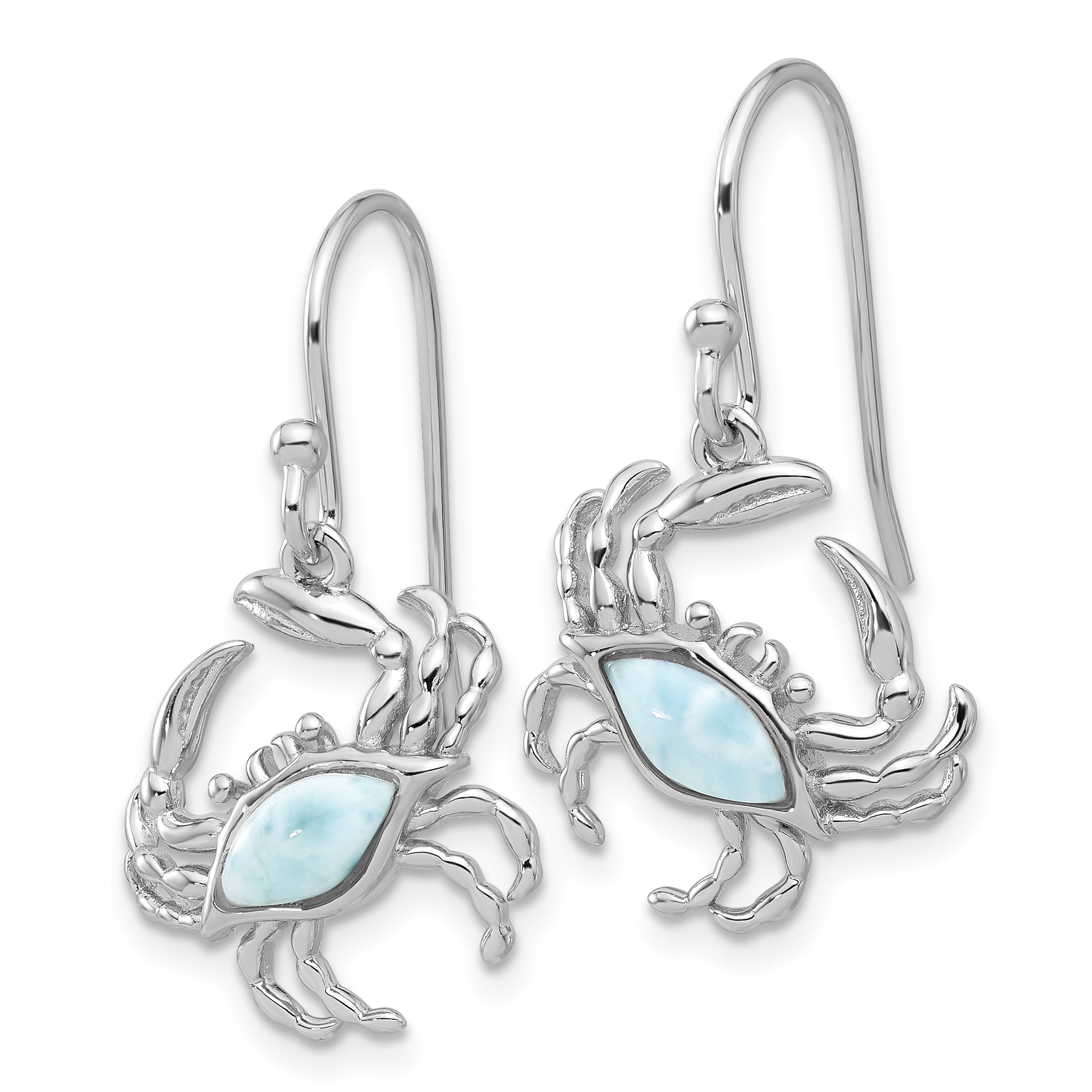 Sterling Silver Rhodium-plated Polished Larimar Crab Dangle Shepherd Hook Earrings