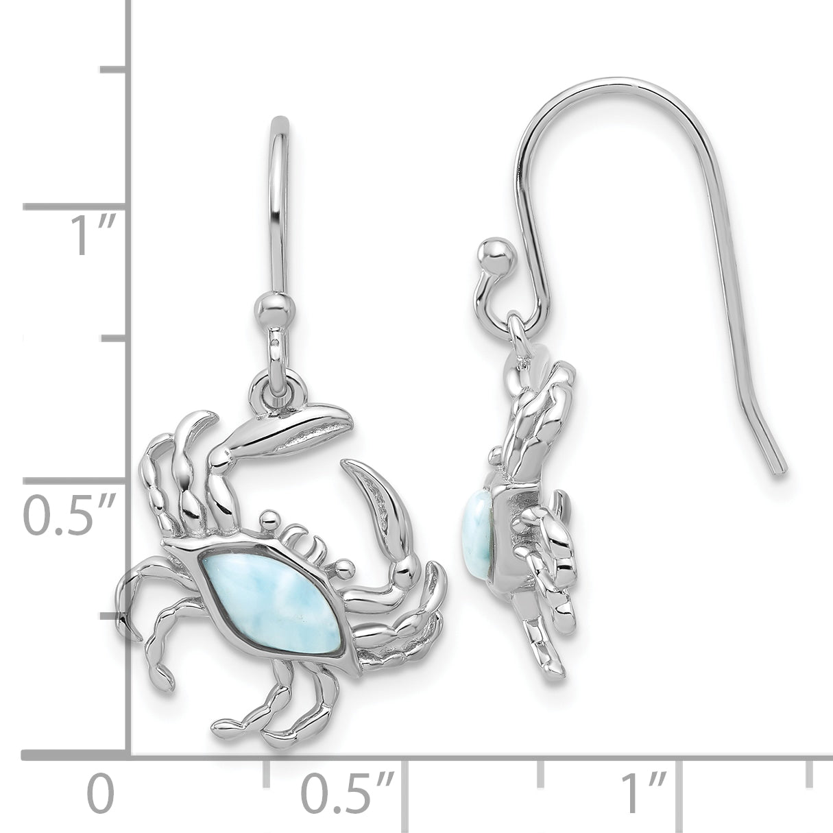 Sterling Silver Rhodium-plated Polished Larimar Crab Dangle Shepherd Hook Earrings