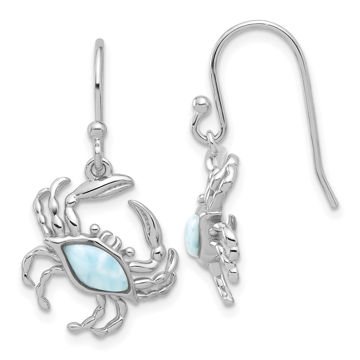 Sterling Silver Rhodium-plated Polished Larimar Crab Dangle Shepherd Hook Earrings