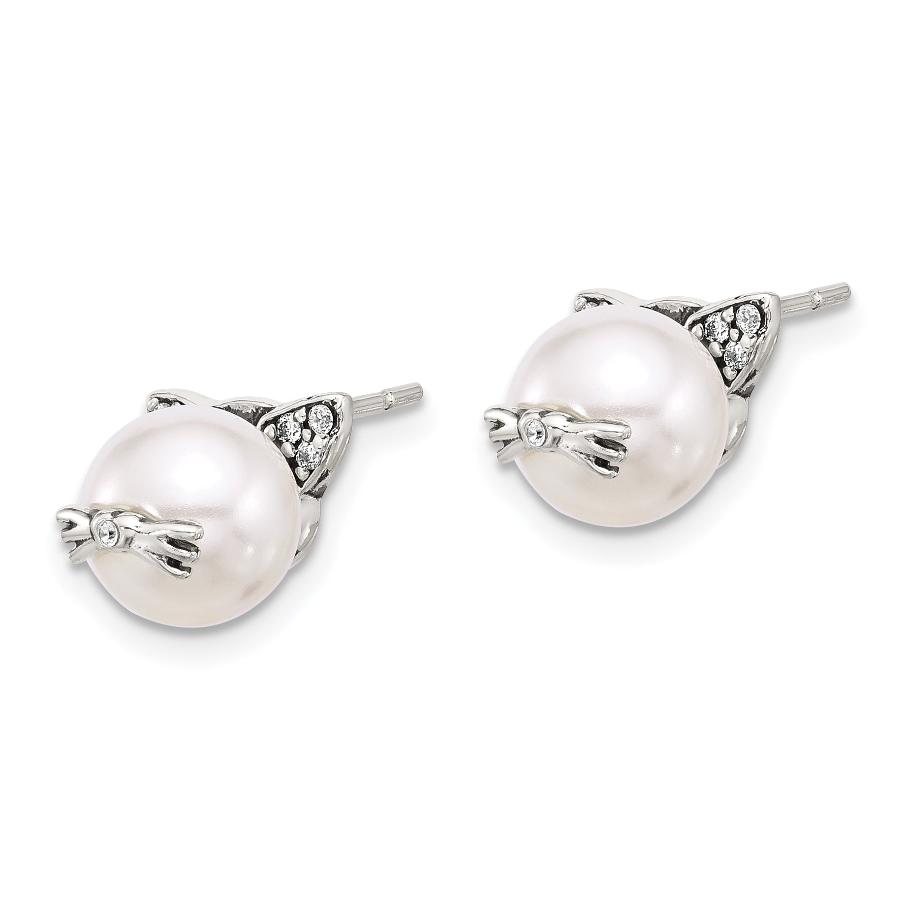 Sterling Silver Polished and Antiqued CZ and Syn. Pearl Cat Post Earrings