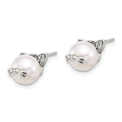 Sterling Silver Polished and Antiqued CZ and Syn. Pearl Cat Post Earrings