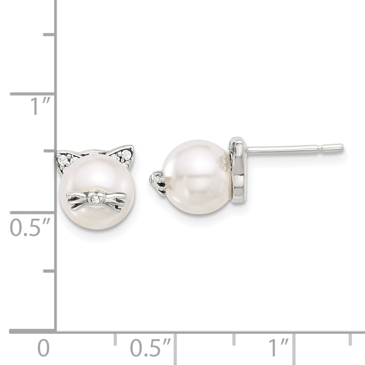 Sterling Silver Polished and Antiqued CZ and Syn. Pearl Cat Post Earrings