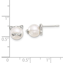 Sterling Silver Polished and Antiqued CZ and Syn. Pearl Cat Post Earrings