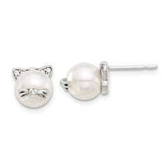 Sterling Silver Polished and Antiqued CZ and Syn. Pearl Cat Post Earrings