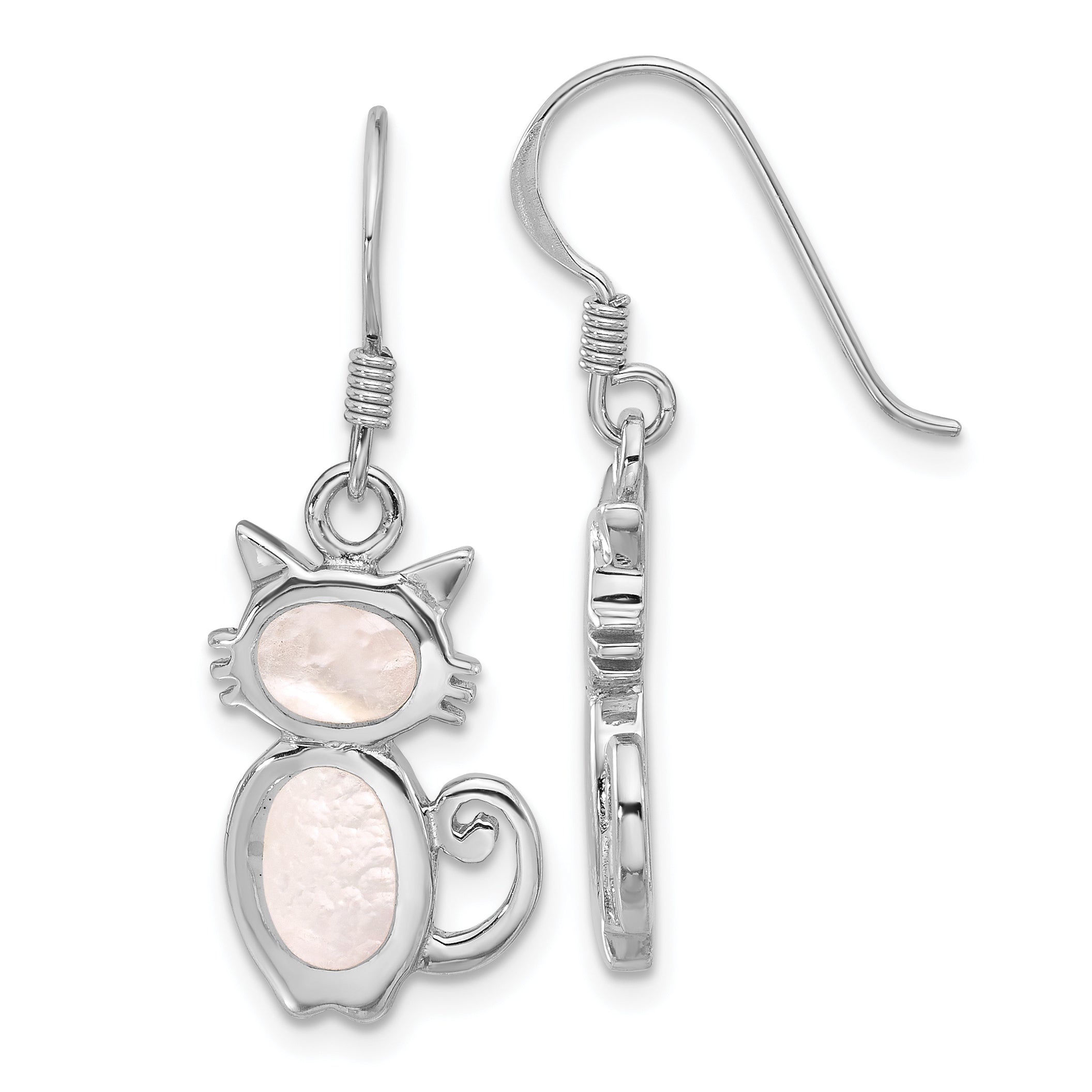 Sterling Silver Rhodium-Plated Polished Mother of Pearl Cat Earrings