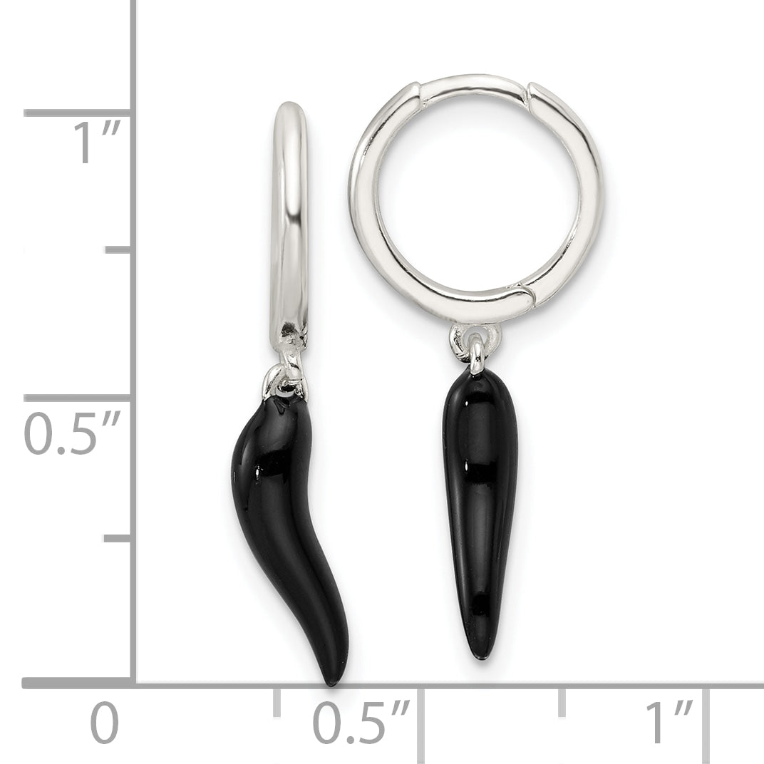 Sterling Silver E-Coating Black Enamel Italian Horn Dangle Earrings