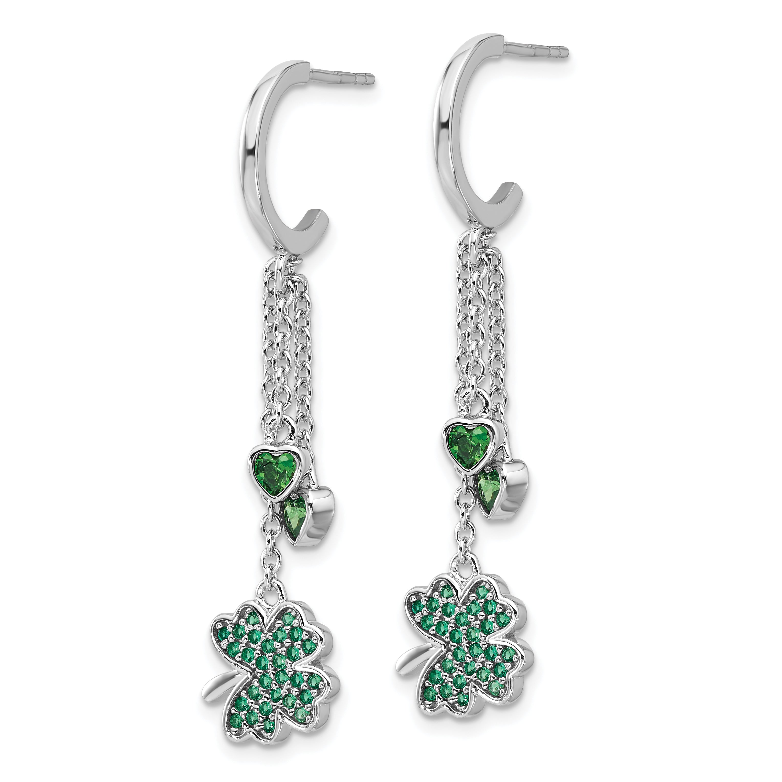 Sterling Silver Rhodium-plated Green CZ Clover Heart Post Hoop Earrings