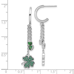 Sterling Silver Rhodium-plated Green CZ Clover Heart Post Hoop Earrings