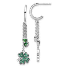 Sterling Silver Rhodium-plated Green CZ Clover Heart Post Hoop Earrings