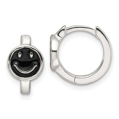 Sterling Silver E-Coating Black Enamel Smiley Face Hoop Earrings