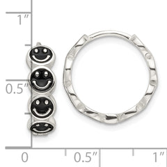 Sterling Silver E-Coat Black Enamel Smiley Face Hinged Hoop Earrings