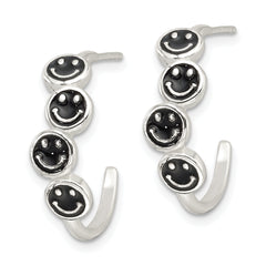 Sterling Silver E-Coating Black Enamel Smiley Face Post Hoop Earrings