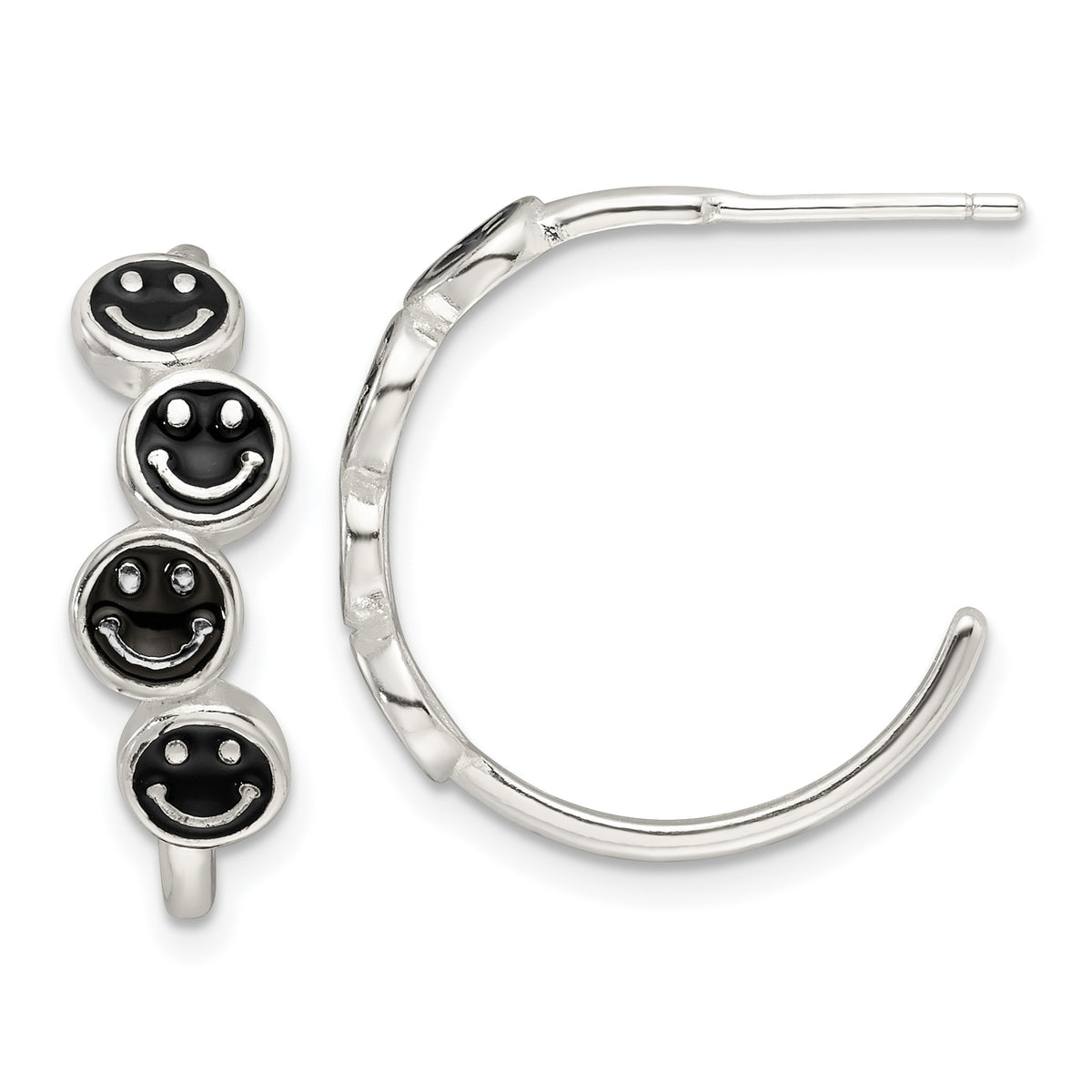 Sterling Silver E-Coating Black Enamel Smiley Face Post Hoop Earrings