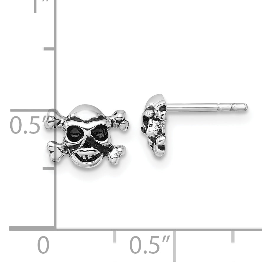 Sterling Silver Rhodium-plated Antiqued Skull and Crossbones Post Earrings