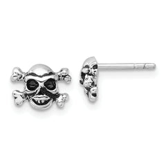 Sterling Silver Rhodium-plated Antiqued Skull and Crossbones Post Earrings