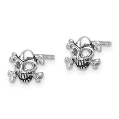 Sterling Silver Rhodium-plated Antiqued Skull and Crossbones Post Earrings