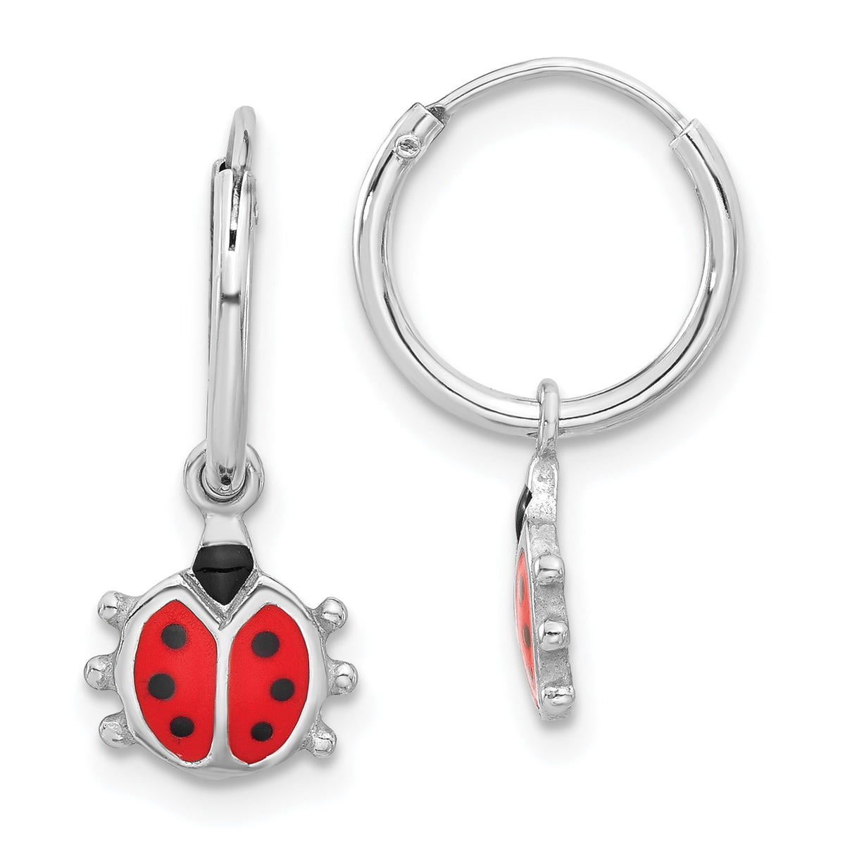 Sterling Silver Rhodium-plated Madi K Enamel Ladybug Hoop Earrings