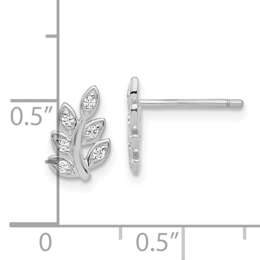 Sterling Silver Rhodium-plated CZ Leaf Post Earrings