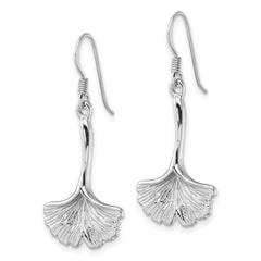 Sterling Silver Rhod-Plated Polished Grooved Ginkgo Leaf Dangle Earrings