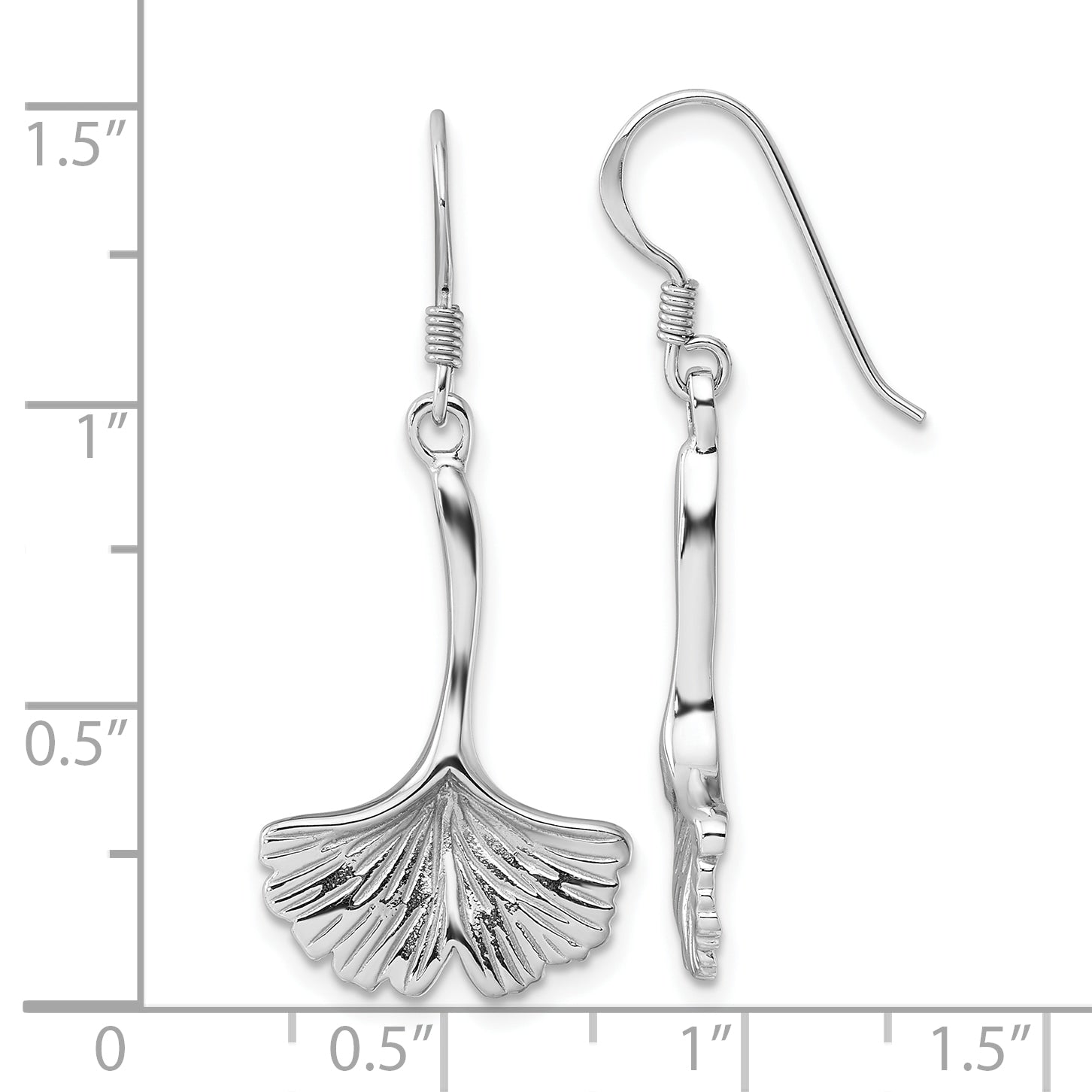 Sterling Silver Rhod-Plated Polished Grooved Ginkgo Leaf Dangle Earrings